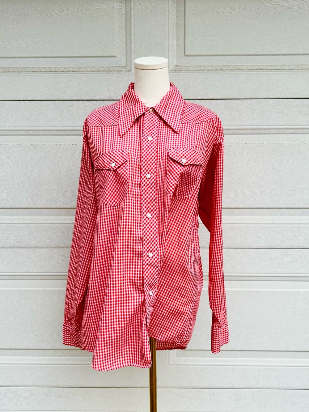 Vintage 70s Pearl Snap Western Shirt Red Check  XL Cowboy Rodeo Cotton Poly